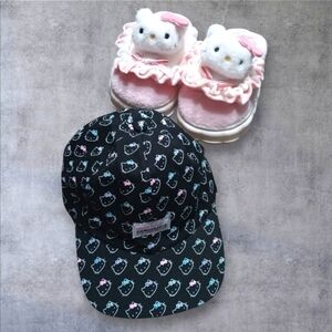 Hello Kitty + Converse Bundle Lot Hat and Slippers Black Pink OS Cap 6/7 Shoe